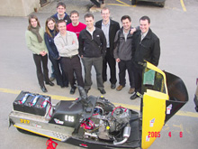 The Concordia students taking part in the Clean Snowmobile Challenge. From the left, Kim Fortin, Caterina Asquino, team captain Robert Huszar, Nick Brodeur (in front of him), Erik Paldy (red shirt), Nicolas Marchand, Todd Lane, Jarid Gurman, and Kevin Jack.