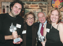 Dora and Avi Morrow (centre) celebrate their generous awards to two rising artists, Solomon Nagler and Julie Gendron.