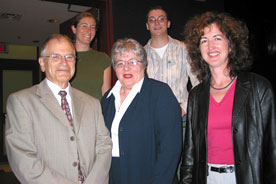 Dr. Neil Tudiver (bottom row left) met Dean of Graduate Studies Elizabeth Saccà, (centre) and Monica Mulrennan, Associate Dean of Graduate Studies, Student Affairs (right) just before giving the keynote address at the Graduate Students Association Conference on Sept. 15. In the back row are Carolyn Shaffer, Graduate Students Association Vice-President, Services, and Jason Moschella, Vice-President, Finances.