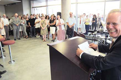 Outgoing Dean of Fine Arts Christopher Jackson (at right) was given a warm sendoff on Sept. 13 by his colleagues and friends. 