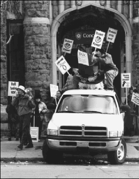 Protest/BC buildingb&w